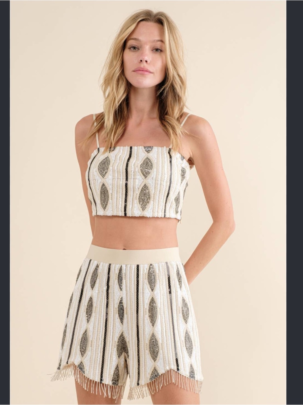 NWT Blue B Striped Beaded Cropped Tank Short Set - White